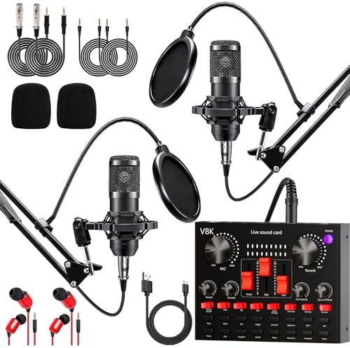 Paquete de equipos de podcast para 2, interfaz de audio con micrófono cardioide BM800 para jugadores y mezclador de DJ todo en uno, perfecto para transmisión en vivo, canto, YouTube