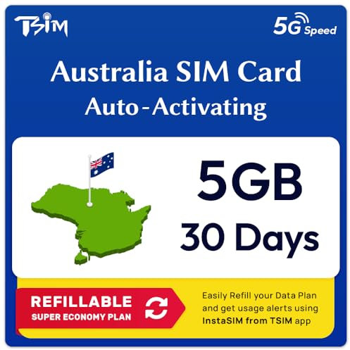 Australien SIM-Karte | 5GB Super Economy Nachfüllplan! Automatische Aktivierung mit 30 Tagen Gültigkeit | 5G/4G-Geschwindigkeit | Hotspot erlaubt | Nur-Daten, Keine Telefonnummer