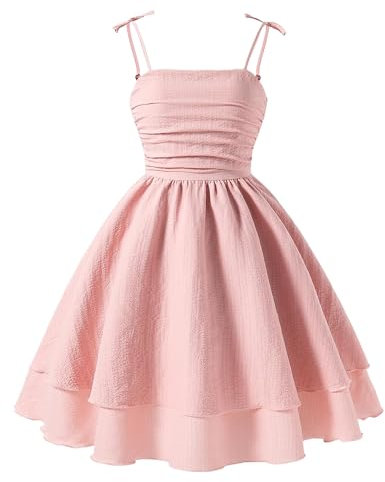 Adigau Fille Robe de Soirée Robes d'été sans Manches Robe de Fête Épaule Nouée Solide Anniversaire Rose 10 Ans