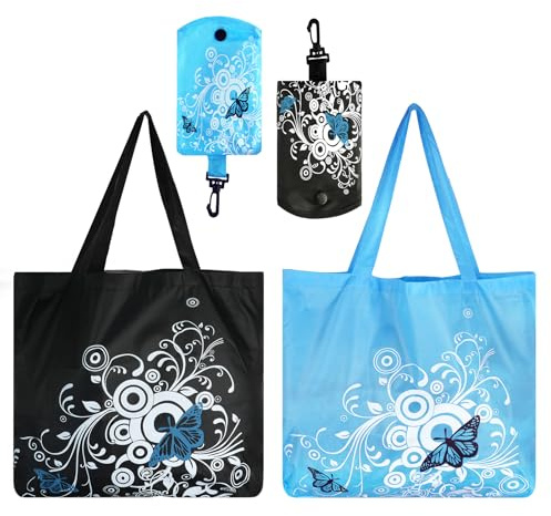2 Pcs Foldable Shopping Bag, Beach Bag Reusable, Tote Bags Fold up in Pouch | Floral Fabric Handbag Grocery Food Shopping for Daily Holiday (17 x 18 Inch)