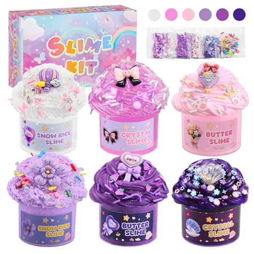 6 Stück Lila Farbverlauf Slime Sortiment (Schneereis, Butter, Crystal) für Kinder, Geschenk Geburtstag/Weihnachten/Halloween DlY Bastelset fur Madchen & Jungen