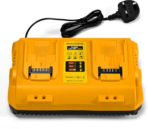 Dual-Port Battery Charger for DEWALT 12V/18V/20V Lithium Batteries—Smart LED Indicator, Overheat/Overcharge Protection, Wall-Mountable Design