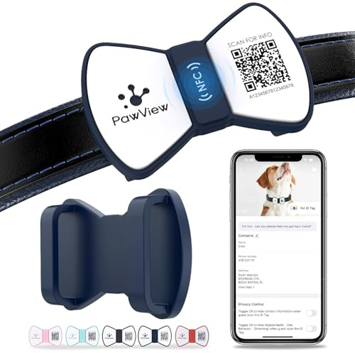 PawView QR Code Dog Tags UK – Slide-on Dog Collar Pet ID Tag with NFC for Lost Pet Recovery - No GPS Needed, No Subscription Fee, Waterproof Silicone Bow Tie Blue