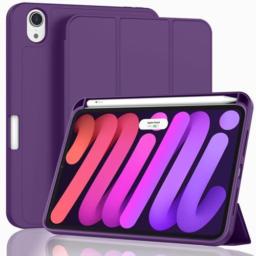 ZryXal for iPad mini 7 Case A17 Pro 2024/iPad Mini 6 Case 2021 8.3 Inch with Pencil Holder, iPad mini 7th/6th Generation Case with Soft TPU Back and Auto Sleep/Wake, Dark Purple