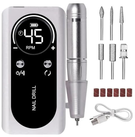 Rersduyt 45000RPM Electric Portable Nail Drill Machine Rechargeable Low Noise Nail Sander File for Manicure Salon Tool Easy Install White