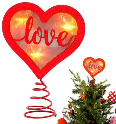 Fangoo 20 x 15 cm Red Wooden Heart Tree Topper Romantic Valentine's Day Decoration with Led Light Love Tree Toppers for Centre Table Decor Wedding Party Fireplace Festival Celebrations