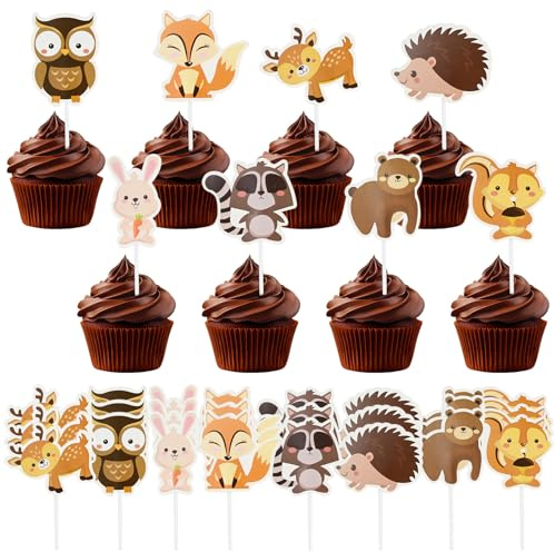 NISENTIA 24 Stück Waldtiere Geburtstag Deko, Cake Topper Geburtstag, Muffin Deko Tiere Tortendeko Kindergeburtstag, Cupcake Topper Jungle Kuchendeko, Tortendeko Waldtiere für Kinder Birthday Party
