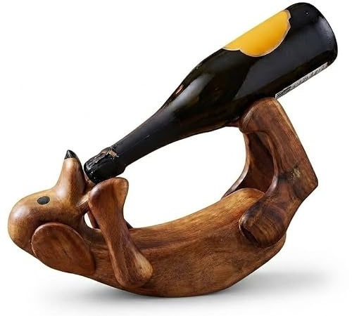 Handcarved Wooden Drunken Dog Wine Holder, Novelty Pet Bottle Bar Display | Cute animal sculpture. Kitchen counter styling. Humorous puppy owner present. Solid timber ornament.