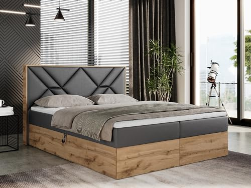 MKS MEBLE Boxspringbett 140x200 cm mit Kopfteil und Bettkasten, Polsterbett mit Mittelfest (H3) Matratze und Topper Visco, Boxspringbett mit Massivholz und Kopfstütze - Gunar - Dunkelgrau Kunstleder