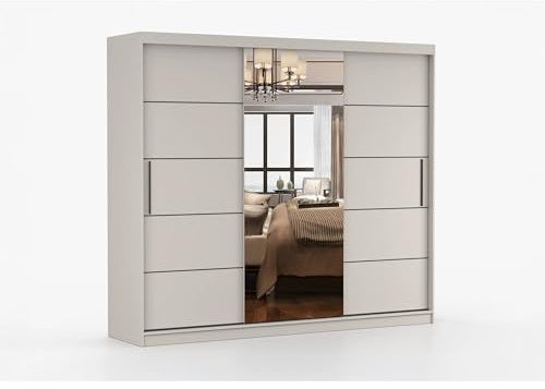 Fabryka Mebli Idźczak Schwebetürenschrank 250 cm breit Kaschmir mit Spiegel, 16 mm Laminatplatte, ABS-Kanten, Metallführungen & Rollenlauf, Kleiderstange Einlegeböden, Schlafzimmer Ankleide Garderobe