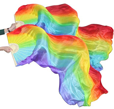 KIKIGOAL 1 Pair(Left+Right) Women Real Silk Belly Dance Fan Veil, Length 180cm Width 90cm, Colorful, 180cm Length x 90cm Width