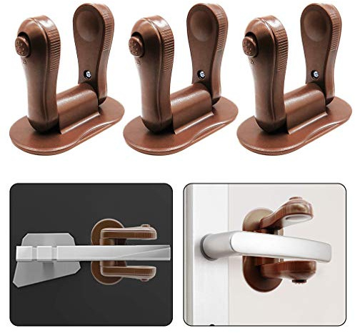 3 Pack Door Lever Lock SACONELL Brown Handles Lock Adhesive Child Safety Lock Baby Proofing Door Locks for Cabinet, Cupboard, Window, Drawer and Dresser Closet