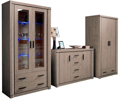 Mirjan24 Wohnwand Mannar IV, Anbauwand mit Kommode, Vitrine, Drehtürenschränk, Modernes Wohnzimmer Set, Naturtöne, Farbauswahl, Top-Qualität (Eiche Trüffel, mit LED Beleuchtung)