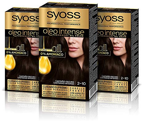 Syoss Oleo Intense - Tinte 2-10 Negro Castaño – Coloración permanente Sin Amoníaco – Cobertura profesional de canas – Resultados de peluquería (Pack De 3)