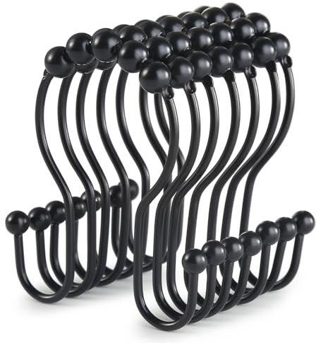 Goowin Shower Curtain Hooks, 12 Pcs Shower Curtain Rings, Stainless Steel Roller Rust-Resistant Balance Sliding Anti-Drop Double Shower Hooks for Curtain Bathroom Shower Curtains (Black)