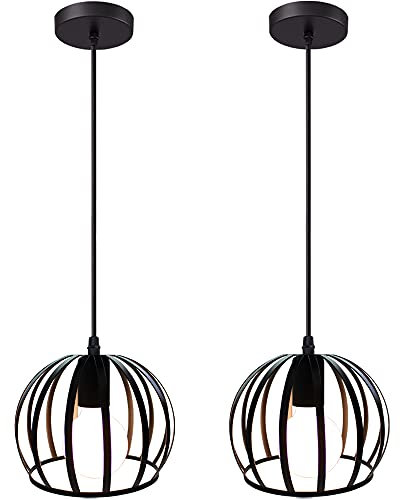 iDEGU 2 Piezas Lámpara Colgante Vintage 20cm Lámpara de Techo Industriale Estilo Retro Pantalla Jaula de Metal Negro Iluminación E27 Luz Colgante para Dormitorio Salón Cocina Comedor Restaurant