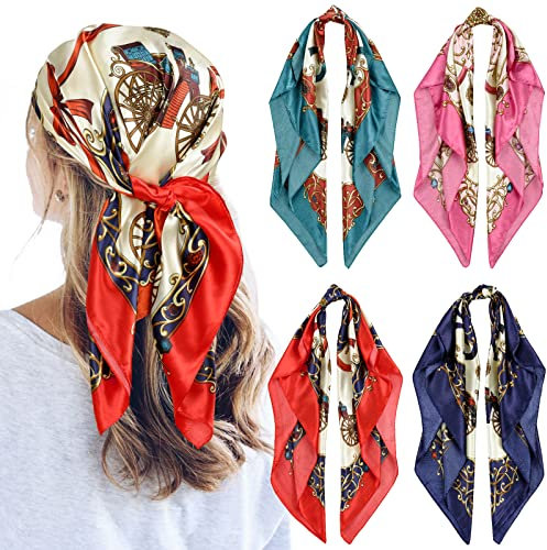 QBSM Lot de 4 foulards carrés en satin pour femme 89 cm, Rouge/bleu marine/vert/rose, Large