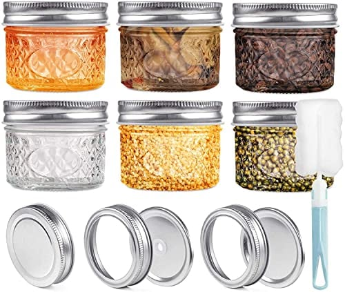 YUEYEE Tarros de Cristal de 120 ml con Pestañas y Cintas, 6 Unidades de Tarros Pequeños para Especias Caseras, Gelatina, Jam,Yogur, Favoritos de Boda con Puntas de Repuesto