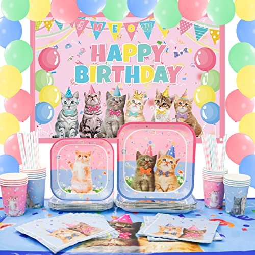 LSJDEER Ensemble de fournitures de décorations de fête de chat, vaisselle de chaton comprenant des ballons de macaron de fond de joyeux anniversaire de chat, des assiettes à dîner-pour 20 personnes