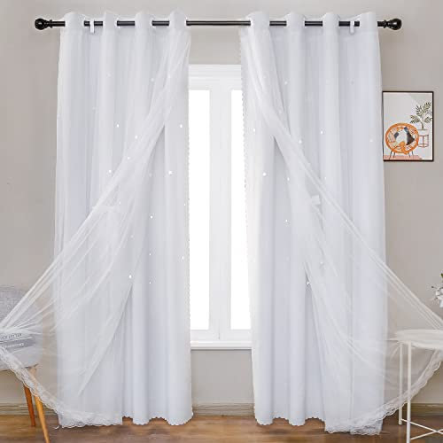 UNISTAR 2 Paneele Sterne Verdunkelung für Schlafzimmer, Wohnzimmer, Mädchen, Kinderzimmer, Babyzimmer, doppellagiger Fenstervorhang mit Sternausschnitt, B 132 x L 160 cm, grauweiß