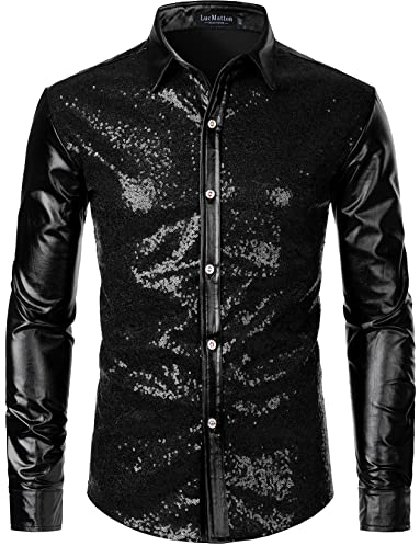 LucMatton Langärmelige Knopfleistenhemden für Herren, glänzende Metallic-Pailletten, 70er-Disco-Stil, für Halloween, Cosplay, Club, Rock-, Hip-Hop-Party, Schwarz, L, metallisch, L
