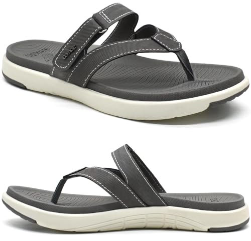 COFACE Flip Flops Damen Mode Orthopädische Leder Stoff Leicht Zehentrenner Frauen Bequem Plantarfasziitis Fussbett Breite Füße Badelatschen Sommer Strand Zehensandalen Rutschfest Gummi Sohle Grau 40