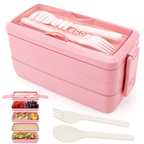 Yirochan 3 Layer Lunch Box Bento Box for Adults, 4-in-1 Meal Prep Container with Fork & Spoon, 1000ml Food Storage Box for Men Women Student School Office, Microwave Dishwasher Safe Available (Pink)