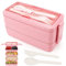 Yirochan 3 Layer Lunch Box Bento Box for Adults, 4-in-1 Meal Prep Container with Fork & Spoon, 1000ml Food Storage Box for Men Women Student School Office, Microwave Dishwasher Safe Available (Pink)