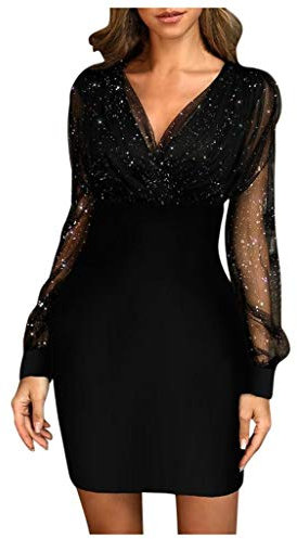 Sweatkleid Damen Sommerkleid Schwarzes Kleid Elegant Tüll Perle/Pailletten Einfarbig V-Ausschnitt Abendkleid Herbst Winter Kurz Partykleid Schöne Festlich Slim
