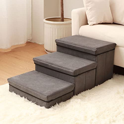 Hundetreppe mit Stauraum Hundetreppe für Hochbetten 3-stufige Haustiertreppe Rampe mit Aufbewahrungsbox für kleine Hunde Katzen Haustiere