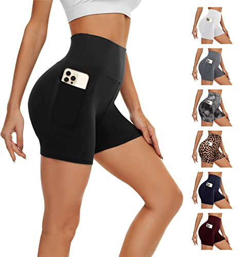 AMIYOYO Kurze Sporthose Damen mit Handytasche High Waist Radlerhose Blickdicht Sport Shorts Kurze Leggings Bauchweg Unterhosen Yoga Gym für Sommer(A-Schwarz,S-M=DE34-40)