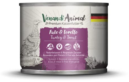 Venandi - Premium Nassfutter für Katzen - Pute und Forelle, 1 x 200g (1er Pack), getreidefrei mit extra viel Fleisch