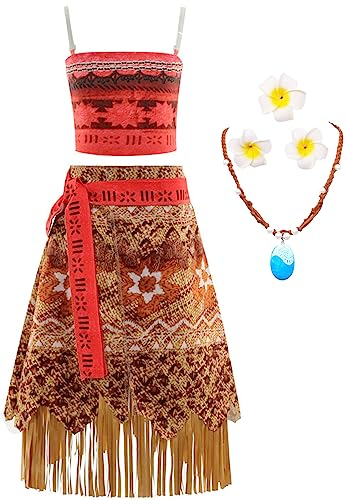 YOGLY Moana Kostüm und Zubehör Mädchen Cosplay Abenteuer Prinzessin Moana Kleid Party Outfits Verkleidung Halloween Weihnachten Karneval Party Fasching Festkleid Alter 3-12 Jahre