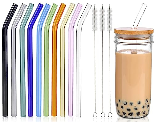 Lot de 13 pailles en verre multicolores réutilisables – 10 pailles incurvées en verre + 3 brosses de nettoyage, conviennent pour le thé à bulles, les granules, les cocktails, les jus