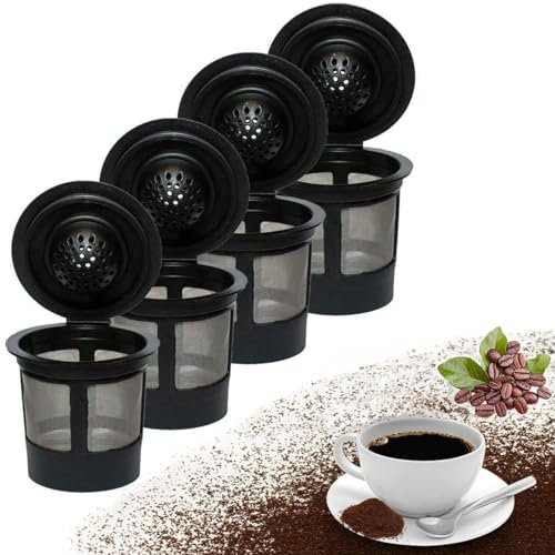 Refillable Coffee Capsule 4 Pack, Plastic Stainless Steel Coffee Filters, Reusable Pods Compatible with Keurig 1.0 and 2.0, Reusable Capsule with Coffee Spoon and Brush