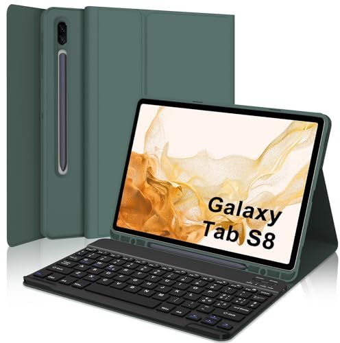 IVEOPPE Tastiera Samsung Galaxy Tab S8 2022/ S7 2020 11, Custodia per Samsung Tablet (SM-T870 / 875), Tastiera QWERTY Italiana Bluetooth Rimovibile, Verde scuro