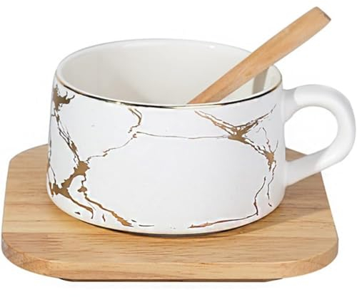 MAGICVOGEL Marmor Optik Cappuccino Tasse Set Kaffeetasse mit Untertasse und Löffel 240ml Espressotasse Set Mokkatasse Kaffeeservice Für Zuhause Büro Café Restaurant (Weiß)