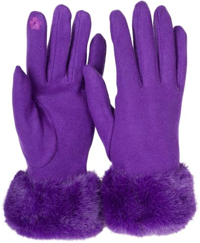 styleBREAKER Damen Touchscreen Stoff Handschuhe Kunstfell | Leitfähige Fasern an den Fingerspitzen für Smartphone-Bedienung, wärmende Plüsch-Bündchen, elastische Einheitsgröße 6-8 EU.