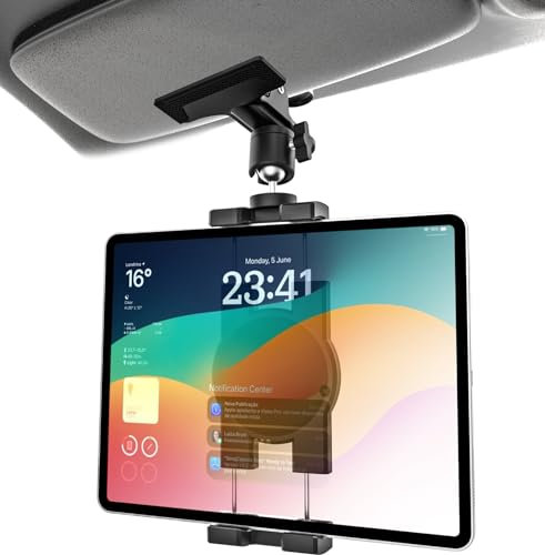 GDZN Car Sun Visor Tablet Mount, [Metal Clip] Multi Functional Tablet Holder for Car Visor, 360° Adjustable Steering Wheel iPad Clamp for iPad Pro, Air Mini, Galaxy Tab, iPhone, 4.7-113 Device