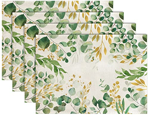 Tarklanda Eukalyptus Platzsets 4er Set Grüne Blätter Platzsets Frühling Sommer Tischsets Abwaschbar für Zuhause Restaurant Speisetisch Urlaub Party Dekor 30x45cm