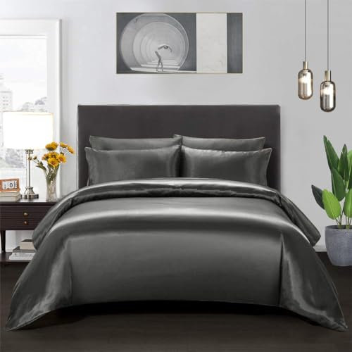 Teamllong Satin Housse de Couette 220x240 Gris, 3 Pièces Couleur Pure Satinée Parure de Lit Adulte 2 Personnes Luxe Lisse Doux Satin Sets de Housses de Couettes avec 2 Taies d'oreiller 65x65cm