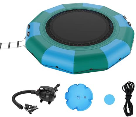 VEVOR Aufblasbarer Wassertrampolin mit Leiter, wasserdichte, Abriebfeste, Wassertrampoline 3,66 m Großen Sprungfläche, Sprungplattform-Wasserpark Pool Trampolin, Blau + Grün 226 kg Tragfähigkeit