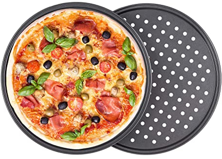 Generic 2er Set Pizzablech, ∅26cm Rund Pizza Backblech, Gelocht, Antihaft, Pizza & Flammkuchen, Carbonstahl, Knusperblech, Pizzaform (26cm / 10 Zoll), H50022