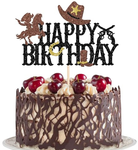 Xsstarmi 1 Packung Tortendeko Cowboy Geburtstag Tortenaufsatz Glitzer Happy Birthday Kuchen Topper für Western Cowboy Geburtstag Zubehör für Party Kuchen Dekorationen Schwarz