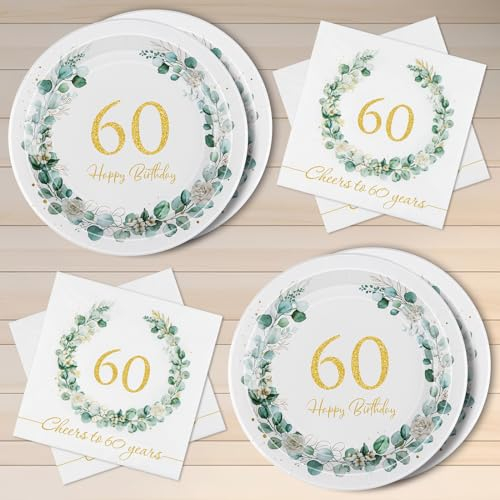 WenmthG 40 Stück 60. Geburtstag Servietten und Pappteller Eukalyptus, Deko 60. Geburtstag Frauen Männer, Happy Birthday