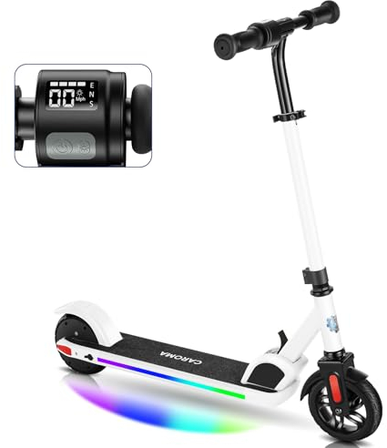 Caroma Elektroroller für Kinder von 8-12 Jahren, 150W Motor, 17 km/h, 80 min Fahrzeit, Einstellbare Geschwindigkeit & Höhe, Bunte Lichter, LED Display, Faltbarer Kinder Elektroscooter(Weiß)