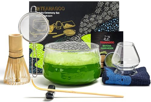 TEANAGOO 7-Piece Matcha Set - Kit With Bowl, Bamboo Whisk (Chasen), Scoop (Chashaku), Whisk Holder, Clear Glass - N29