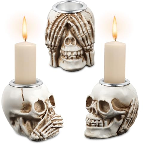 JWTRSVTY Schädel Kerzenhalter, 3Pcs Totenkopf Teelichthalter, Kerzenhalter Totenkopf Schädelform Halloween Deko, Totenkopf Set Aus Harz, Gothic Totenkopf Kerzenhalter, für Halloween Schädelköpfe Deko