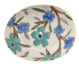 Seifenschale Summer mit Blumenmustern Blau, oval aus Keramik handbemalt mit Löchern für den Wasserablauf 13 x 11x4 cm