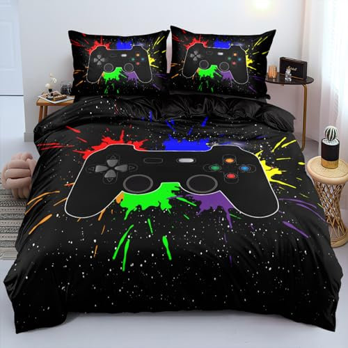 MVRFN Gamepad Bettwäsche 155×220cm+Kissenbezug mit Reißverschluss 80×80 cm×2 Set Bettwäsche Bunt Spiel Thema Bettbezug Mikrofaser mit Reißverschluss Weich und Atmungsaktiv